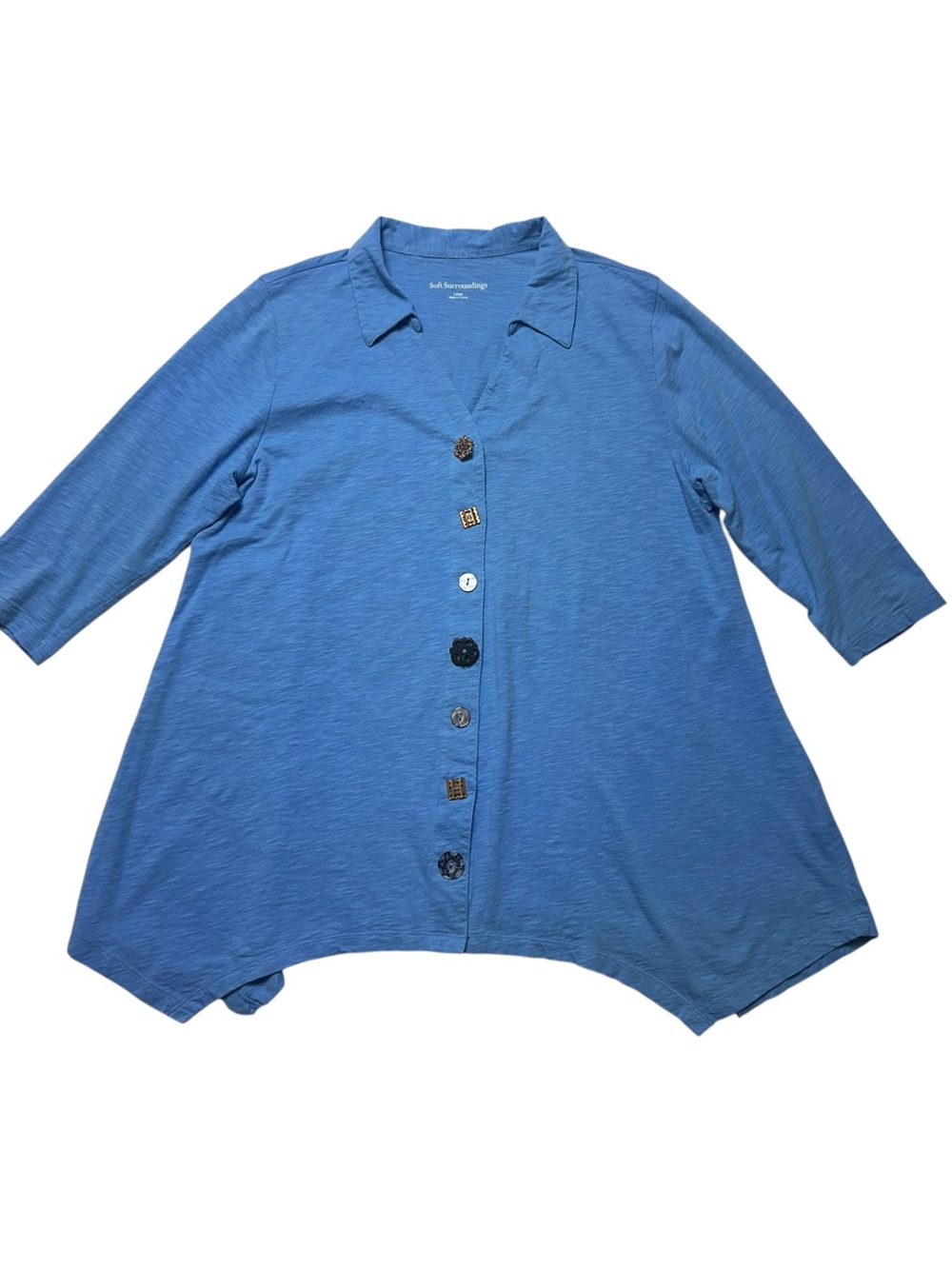 Soft Surroundings L Blue Cotton Slub Tunic Mismatched Artisan Buttons Lagenlook
